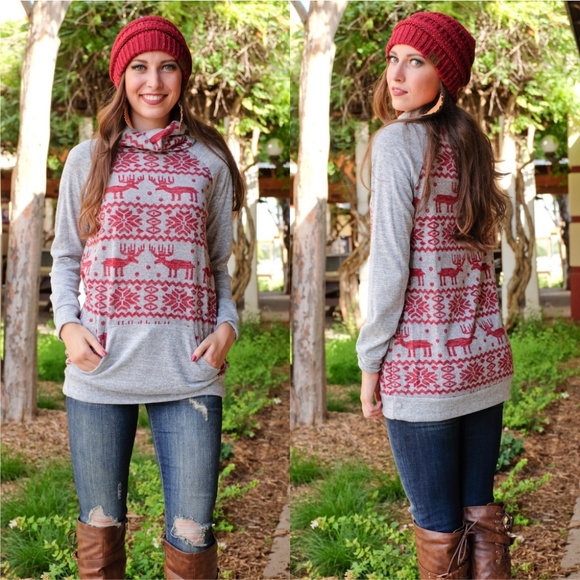 Infinity Raine Tops - Heather Gray Reindeer Sweater Tunic